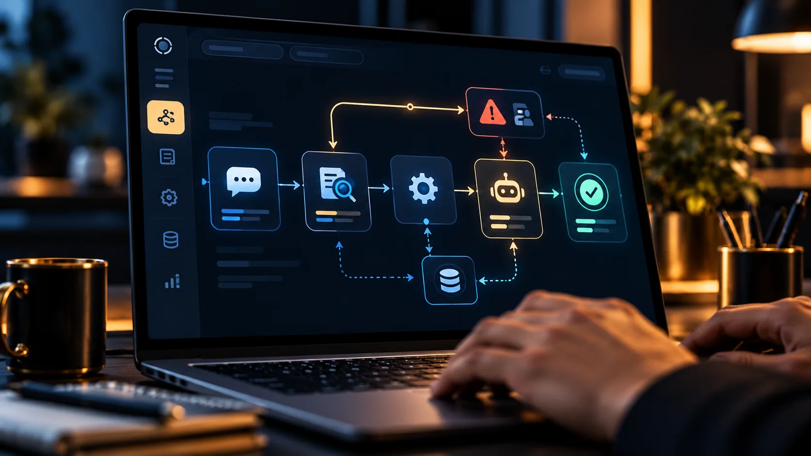 Conceptual business workflow showing validation, connected actions and exception review