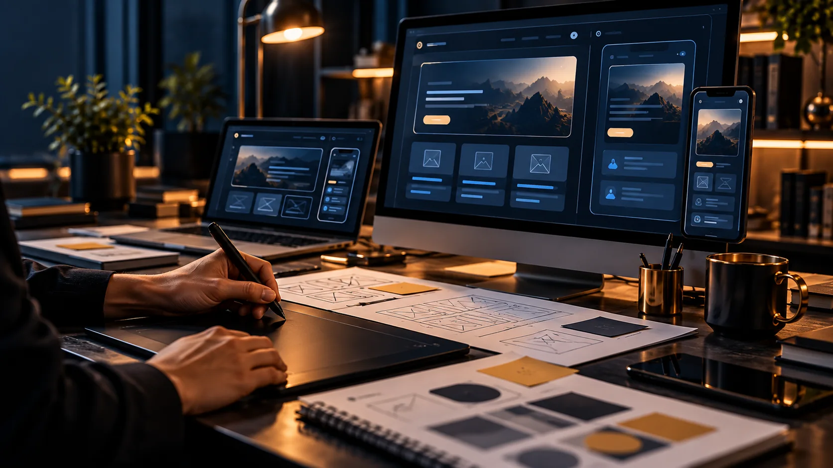 Designer working through website layouts and responsive digital entry points