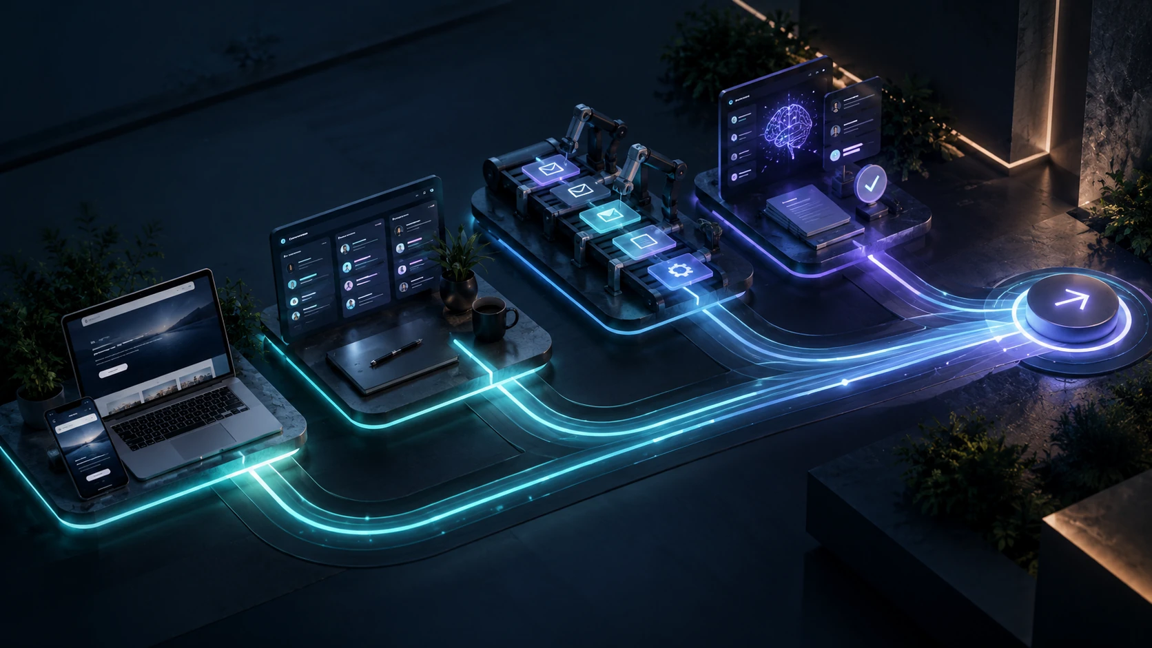 Four connected conceptual stations show digital foundation, operations, automation and governed intelligence flowing in one direction