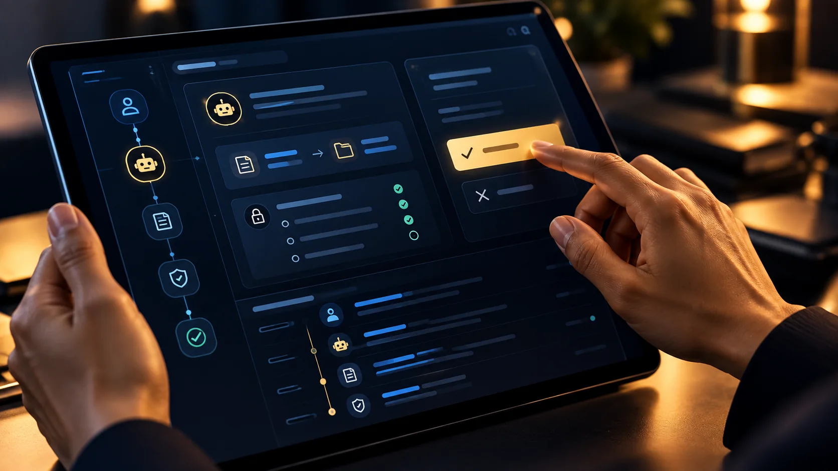 Human reviewer approving a governed AI-assisted action on a tablet