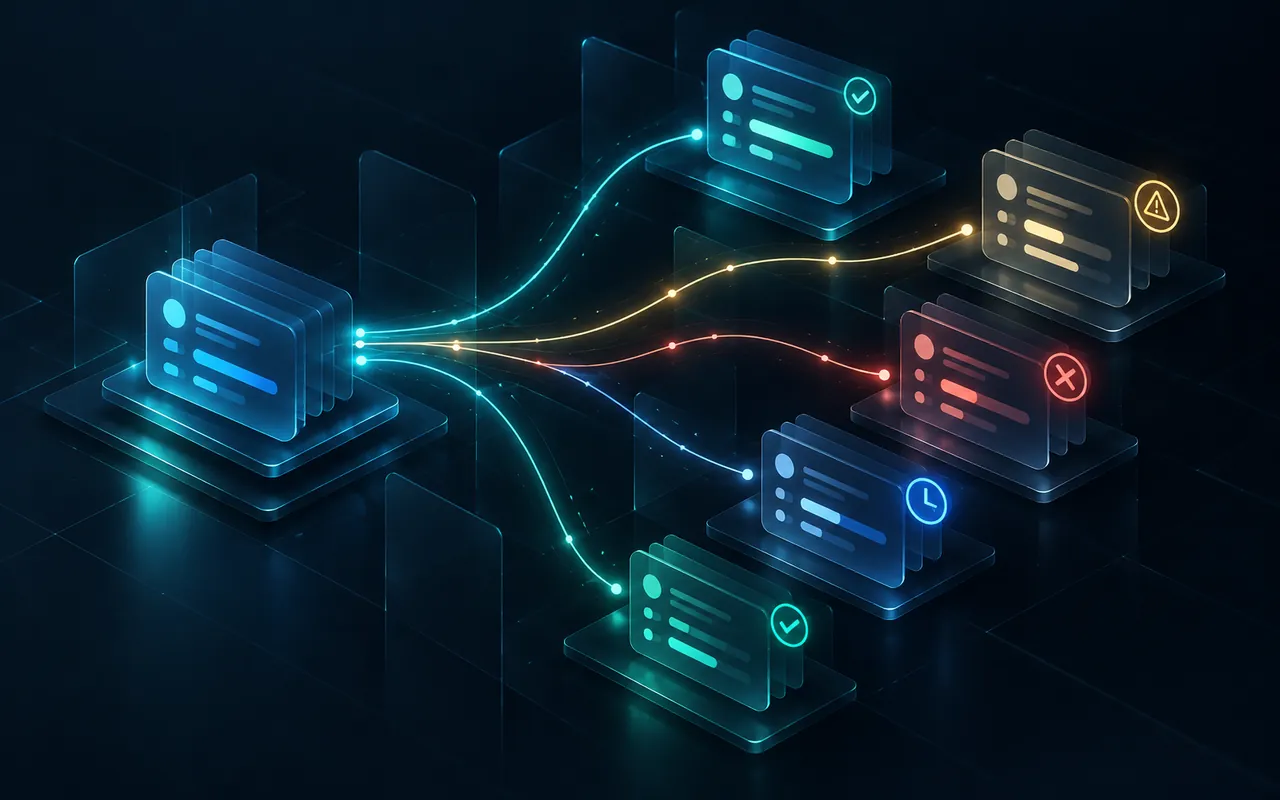 One source record branches into conflicting downstream versions with different state indicators.