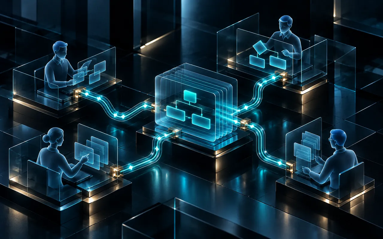 Stylized operators exchange handoffs through a shared operational logic core.