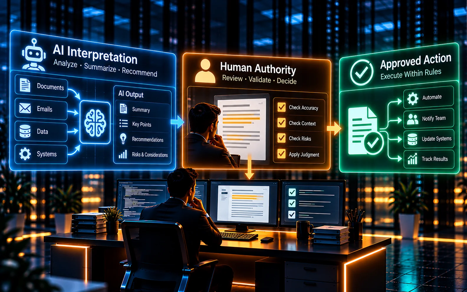 Conceptual illustration of AI assistance pausing for human authority