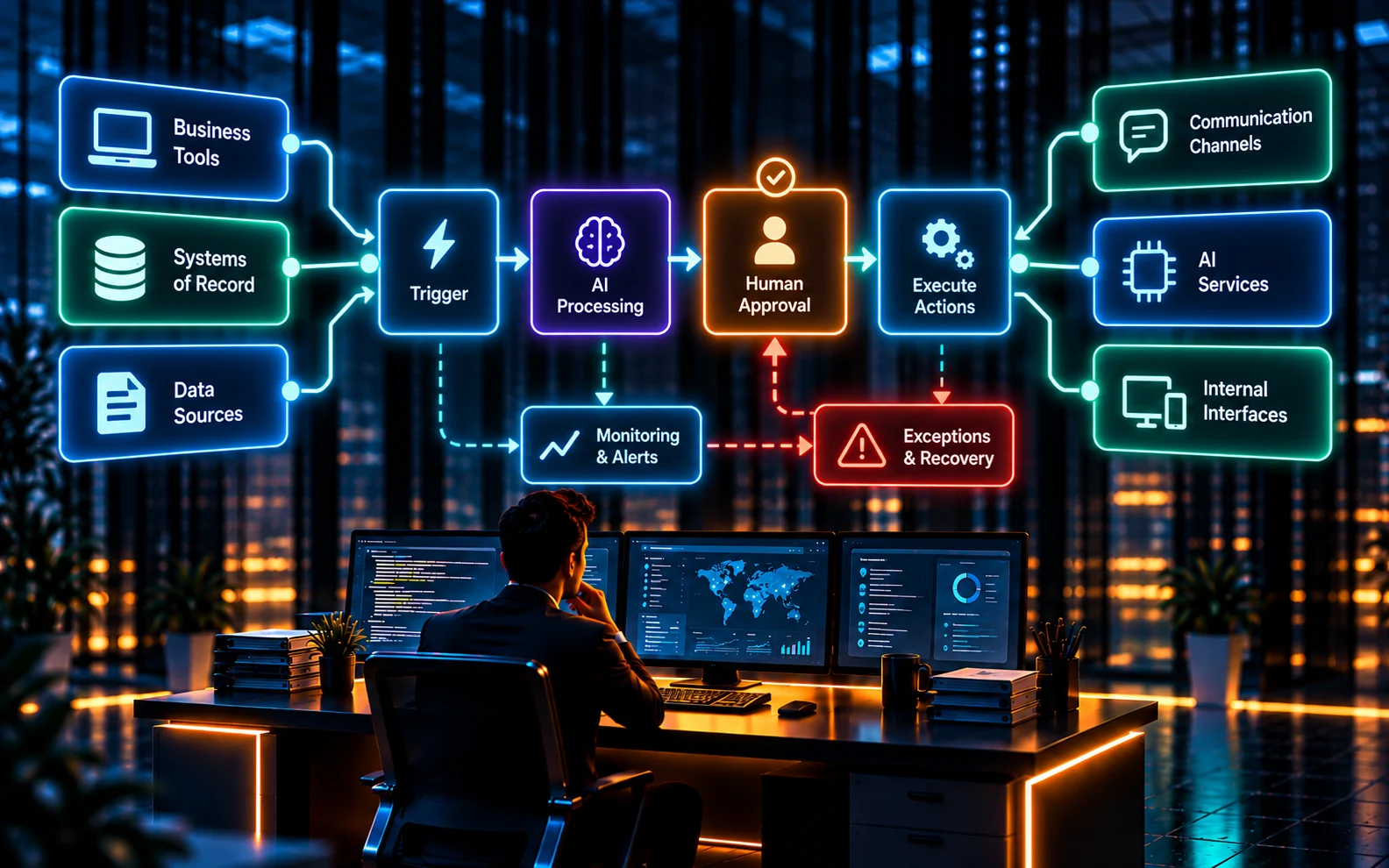 Conceptual illustration of connected business systems and a controlled workflow