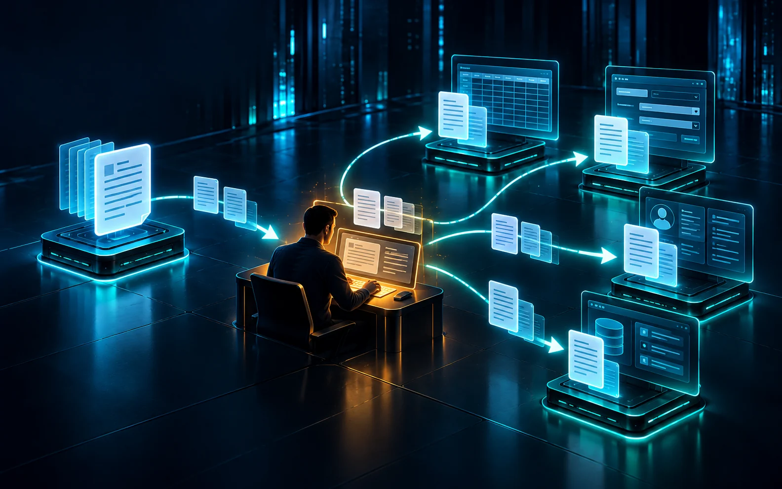 Conceptual illustration of repeated data entry between systems