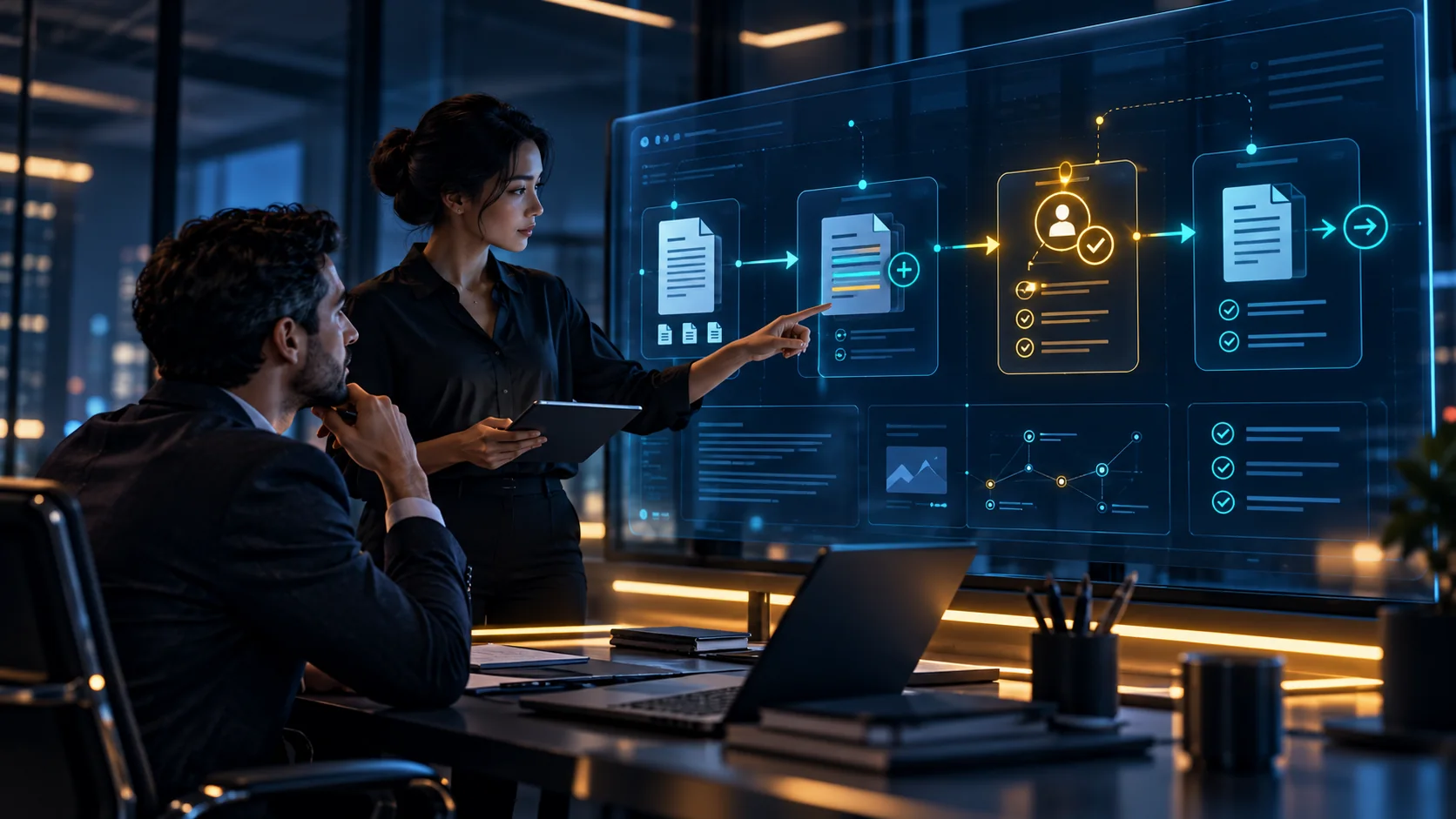 Conceptual business team reviewing a changing request and a human approval checkpoint