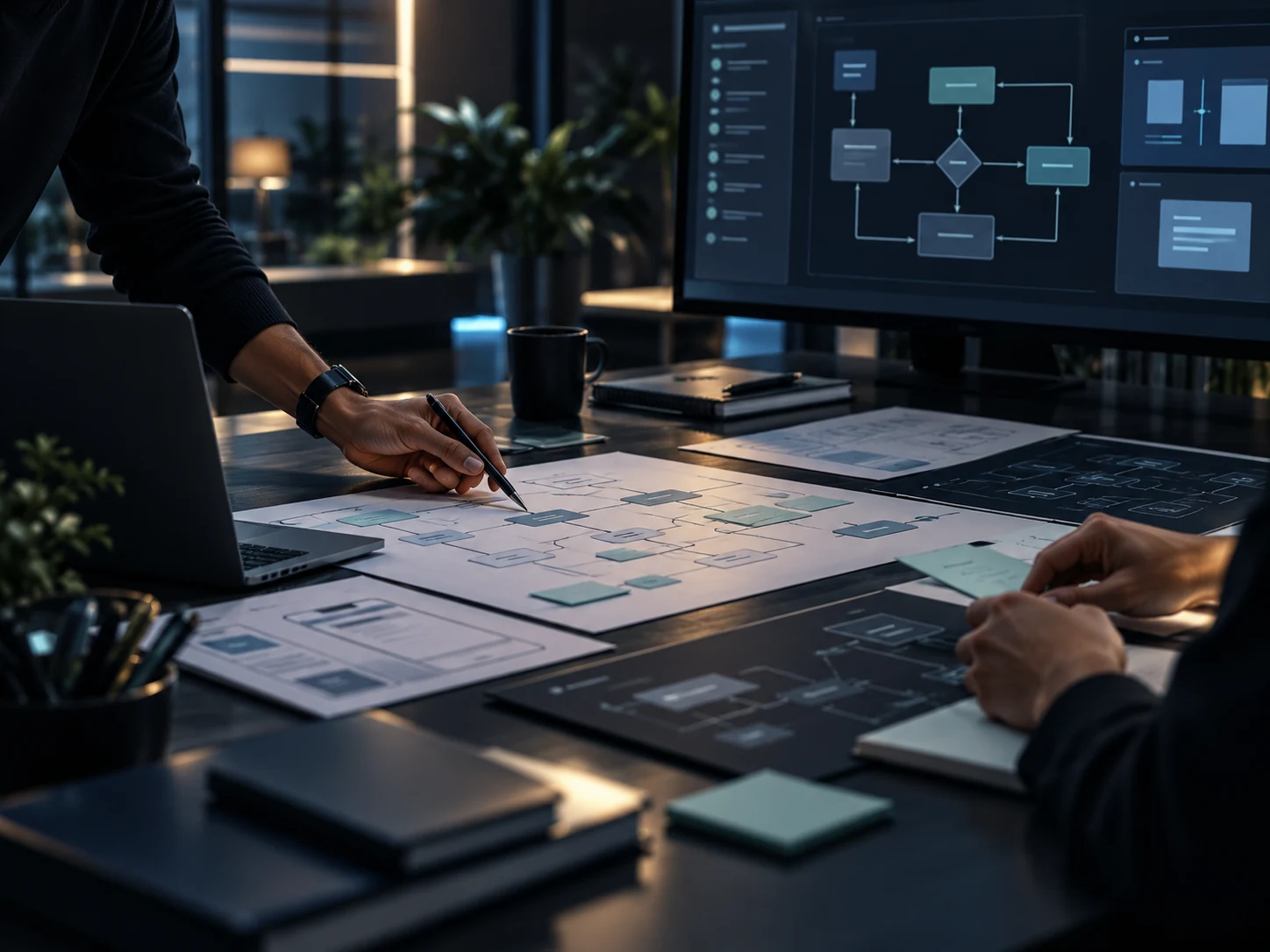 Conceptual team mapping a business process together beside a digital workflow screen.